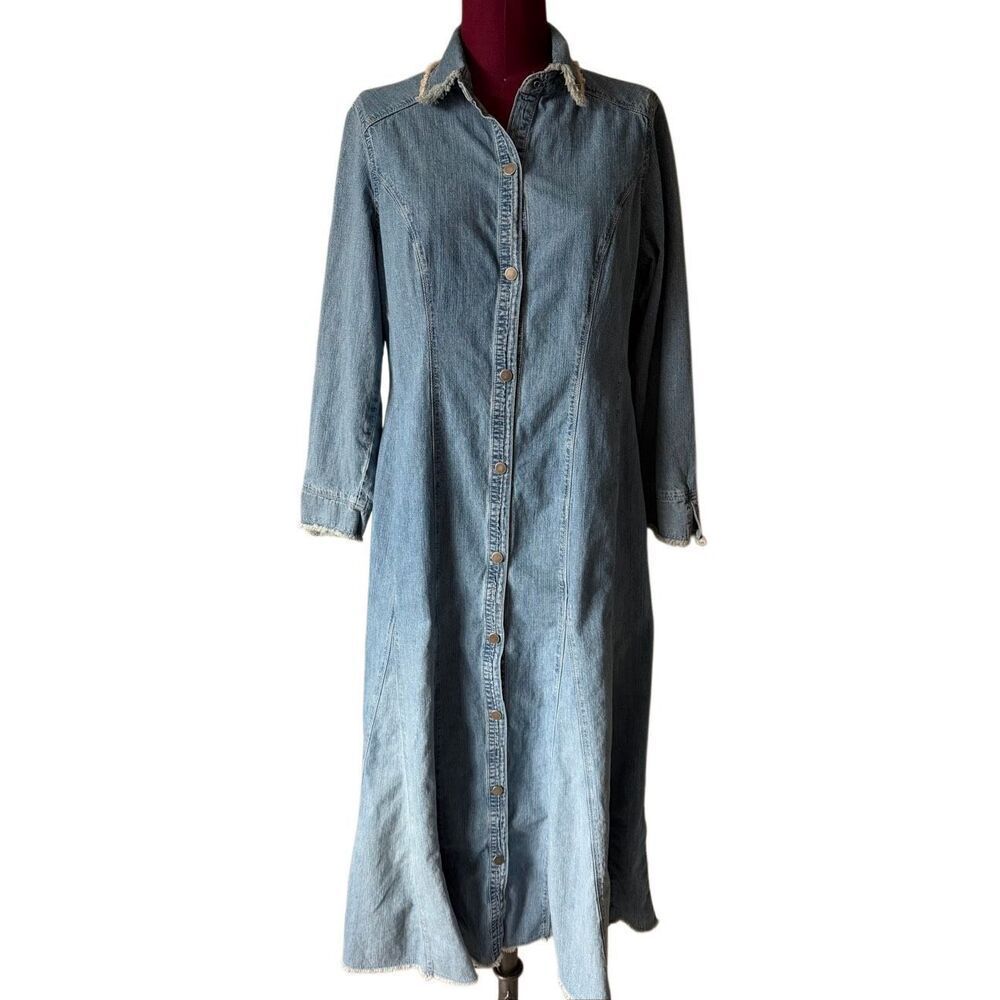 Isabella Bird Denim Midi Dress Collared Western Snap Front Blue 10‎ Petite